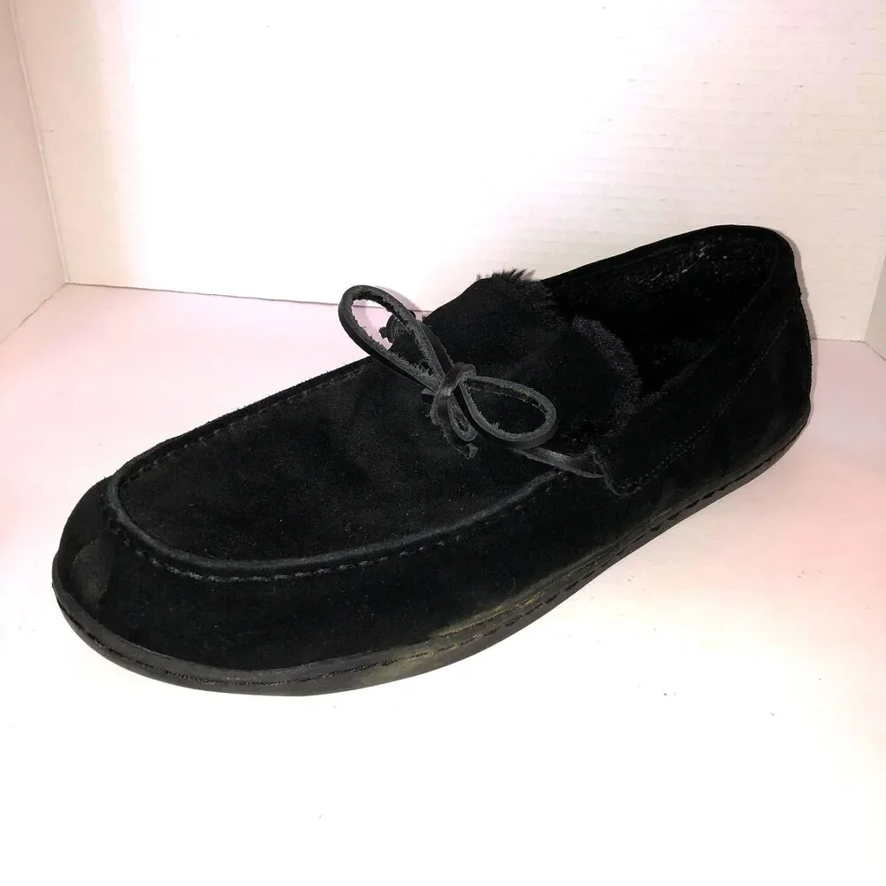 Vionic Adler Mens Size 13 Black Suede Faux Fur Lined Moccasin Slippers Shoes